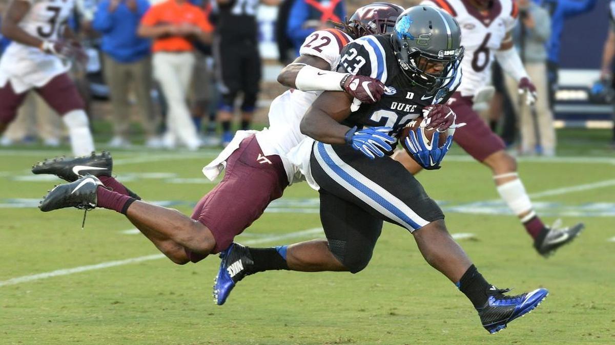 Virginia Tech linebacker Terrell Edmunds (22) tackles Duke running back Joseph Ajeigbe (23) during the Blue Devils’ 24-21 loss at Wallace Wade Stadium Saturday, Nov. 5, 2016.