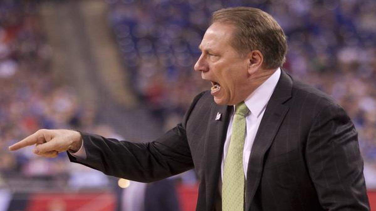 
Michigan State coach Tom Izzo reacts to a foul called on his team during the first half against Duke in the NCAA semifinals at the Lucas Oil Stadium in Indianapolis.
