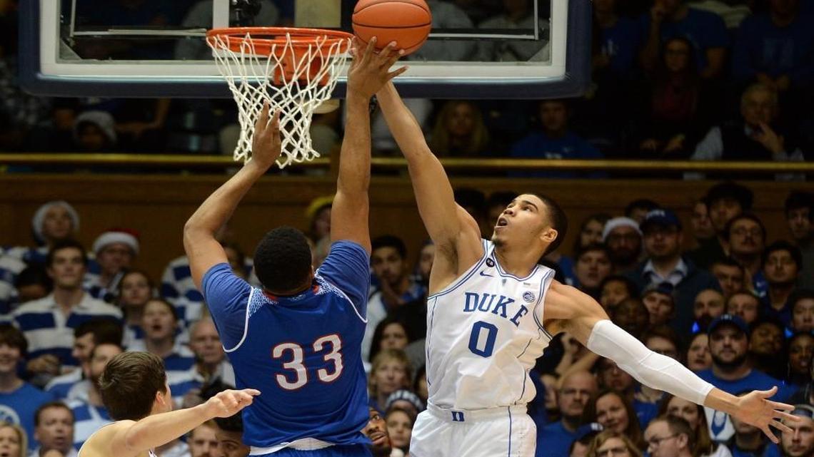 Duke’s Jayson Tatum (0) blocks a second-half shot by Tennessee State’s Wayne Martin .