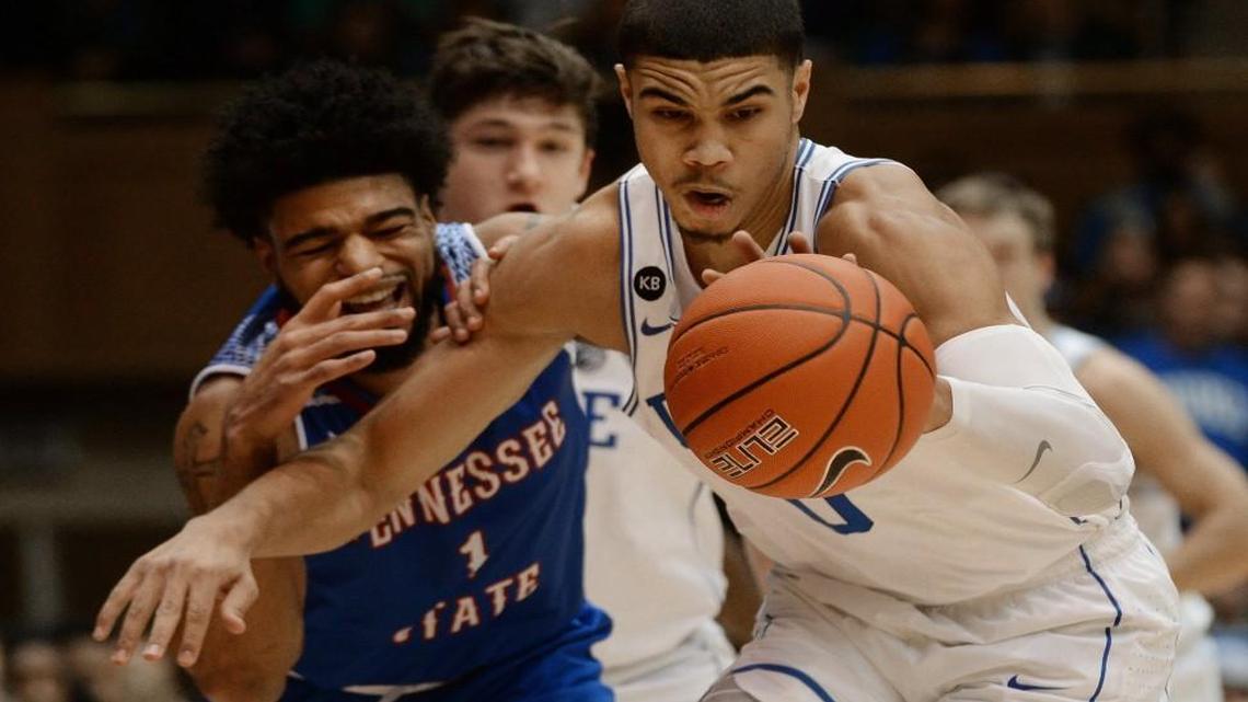 Duke’s Jayson Tatum, right, steals the ball from Tennessee State’s Delano Spencer in the first half oat Cameron Indoor Stadium in Durham.