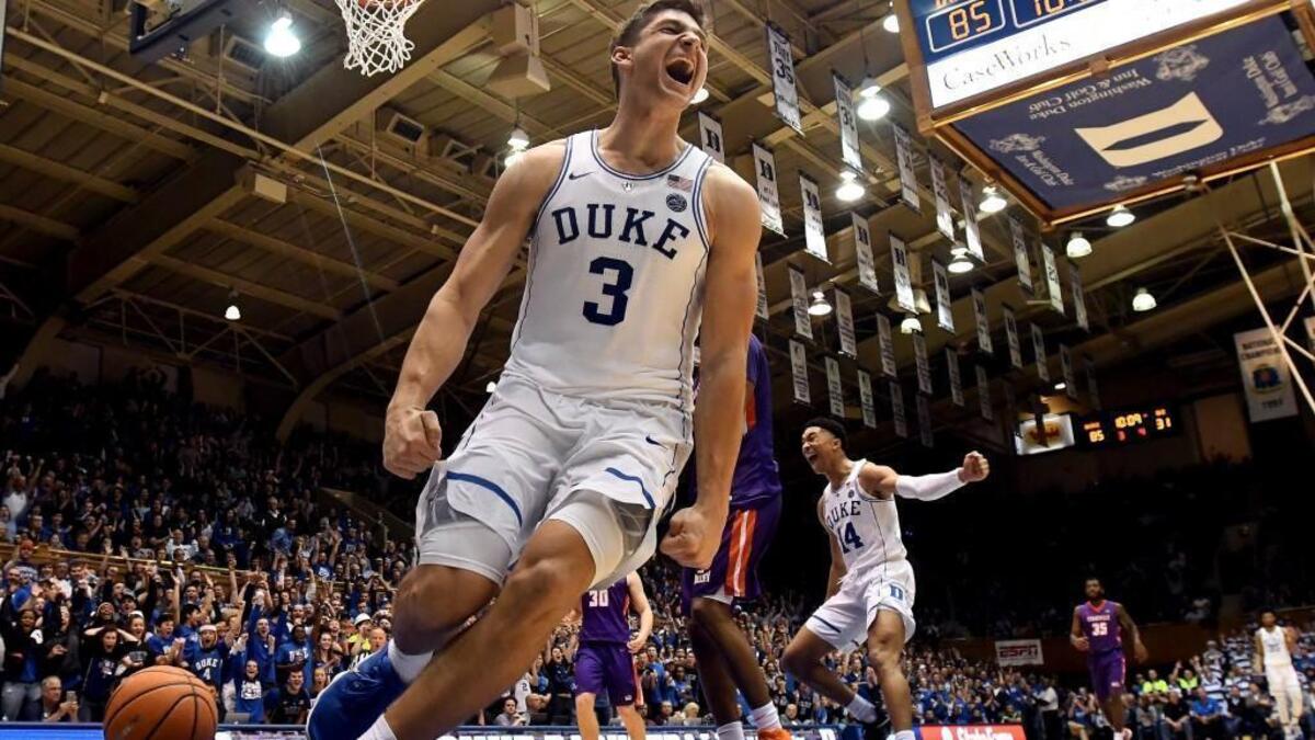 Blue Devil senior Grayson Allen (3) celebrates during win over Evansville at Cameron Indoor Stadium in Durham on December 20, 2017.