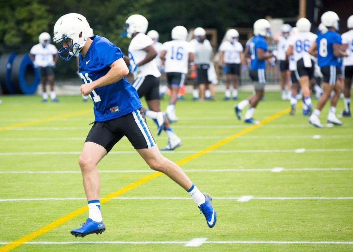 William Holmquist, a walk-on kicker for the Duke football team, practices on Aug. 2.