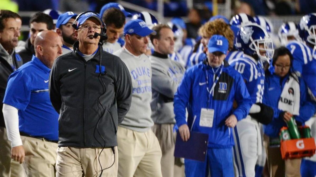 Duke coach David Cutcliffe watches the clock wind down as the Blue Devils beat UNC 28-27 in November.