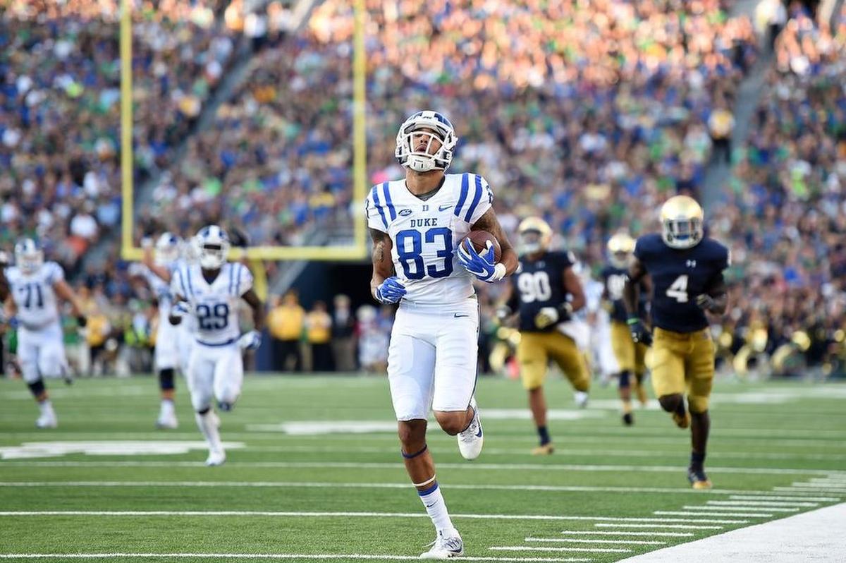 Anthony Nash #83 of the Duke Blue Devils runs for a touchdown during the second half of a game against the Notre Dame Fighting Irish at Notre Dame Stadium on September 24, 2016 in South Bend, Indiana.