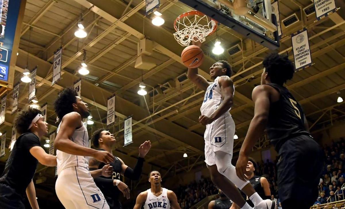 Duke forward Wendell Carter Jr (34) scores to of his game high 21 points as Duke beat Pitt 81-54, Saturday, Jan. 20, 2018 at Cameron Indoor Stadium in Durham, N.C.