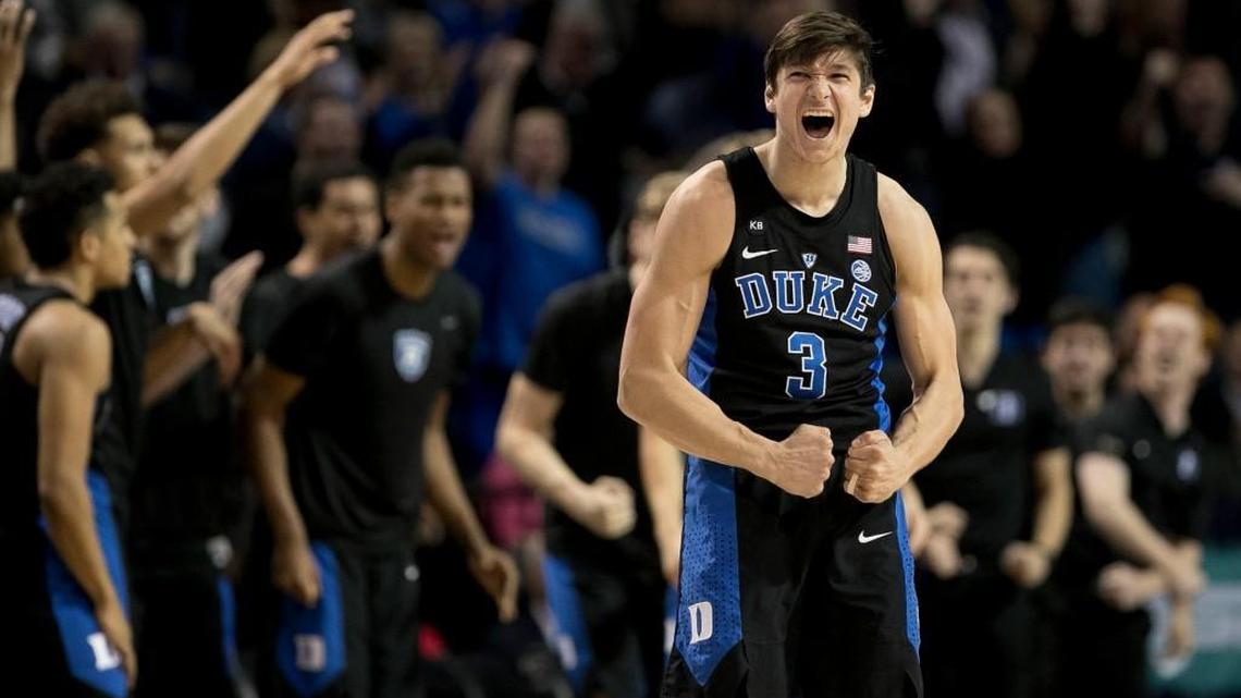 Duke’s Grayson Allen reacts after sinking a 3-pointer against North Carolina in the 2017 ACC tournament in March.