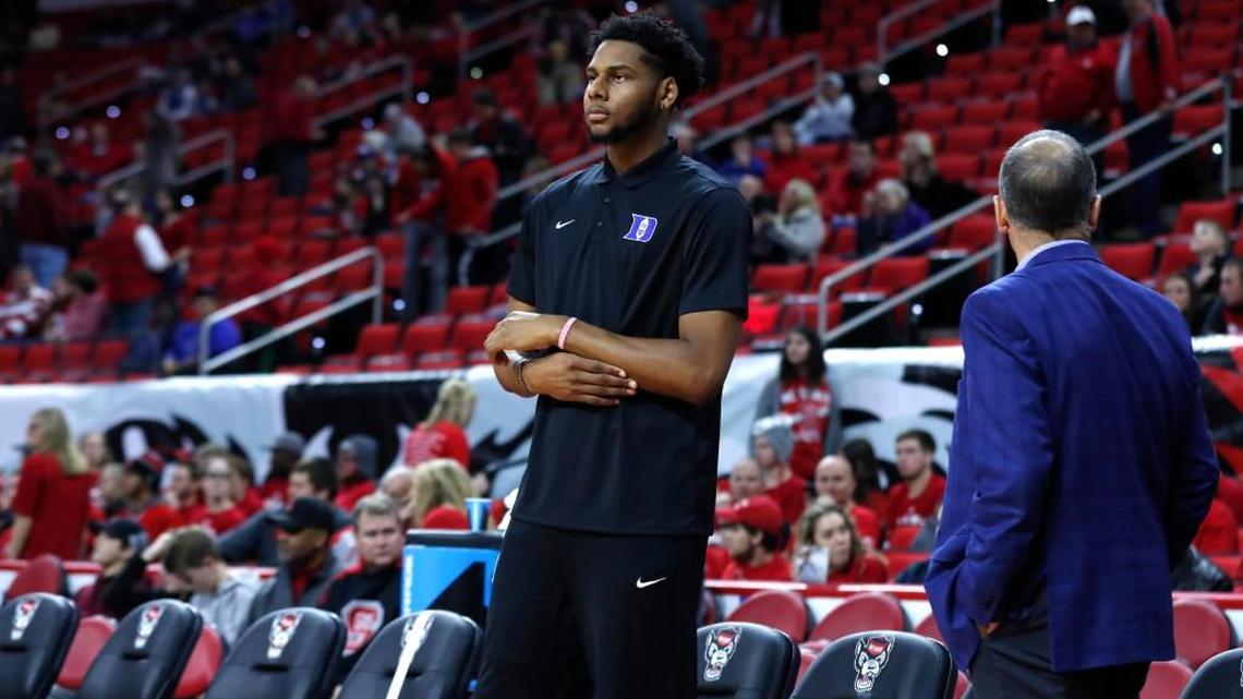 Duke's Marques Bolden watches warmups before N.C. State's game against Duke at PNC Arena in Raleigh Saturday, Jan. 6, 2018.