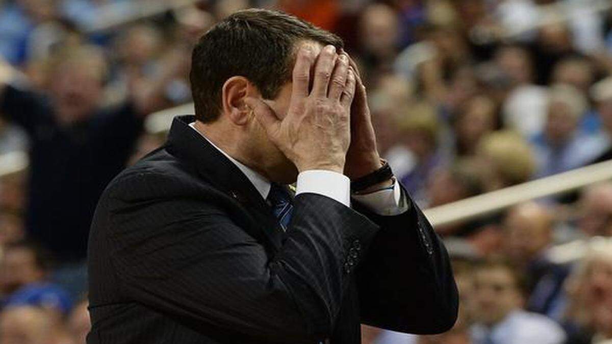 
Duke coach Mike Krzyzewski reacts after a call against his team late in the second half of the Blue Devils’ 74-64 loss to Notre Dame in the semifinal round of the Atlantic Coast Conference basketball tournament in Greensboro.
