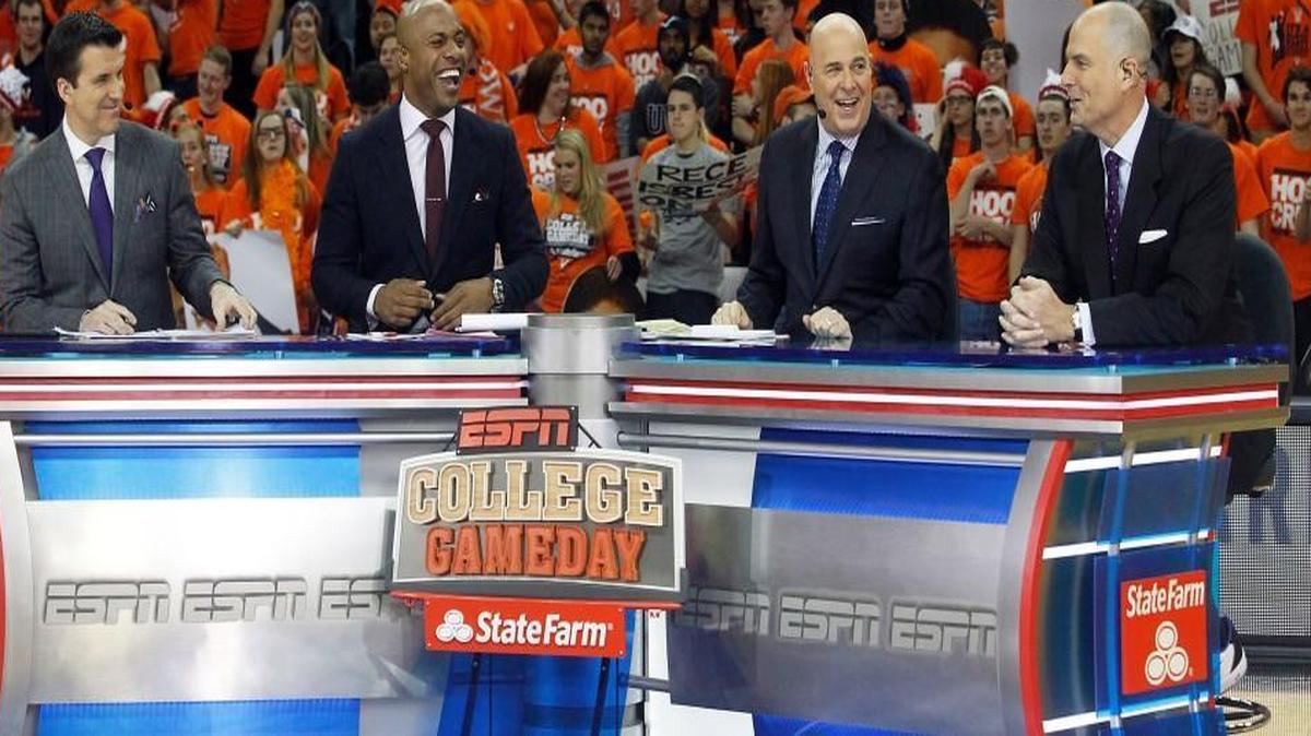 From left, Rece Davis, Jay Williams, Seth Greenberg and Jay Bilas broadcast from John Paul Jones Arena during ESPN College GameDay before Virginia’s game against Duke on Jan. 31, 2015, in Charlottesville, Va. GameDay will be at Cameron Indoor on Jan. 21 for Duke’s game against Miami.
