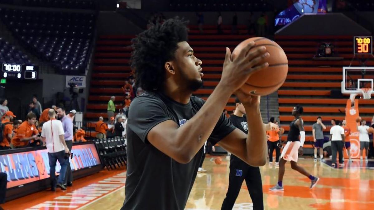 Duke Blue Devils forward Marvin Bagley III (35) fires up a shot during the pre-game shoot around at Littlejohn Coliseum in Clemson, S.C., on Feb. 18, 2018.