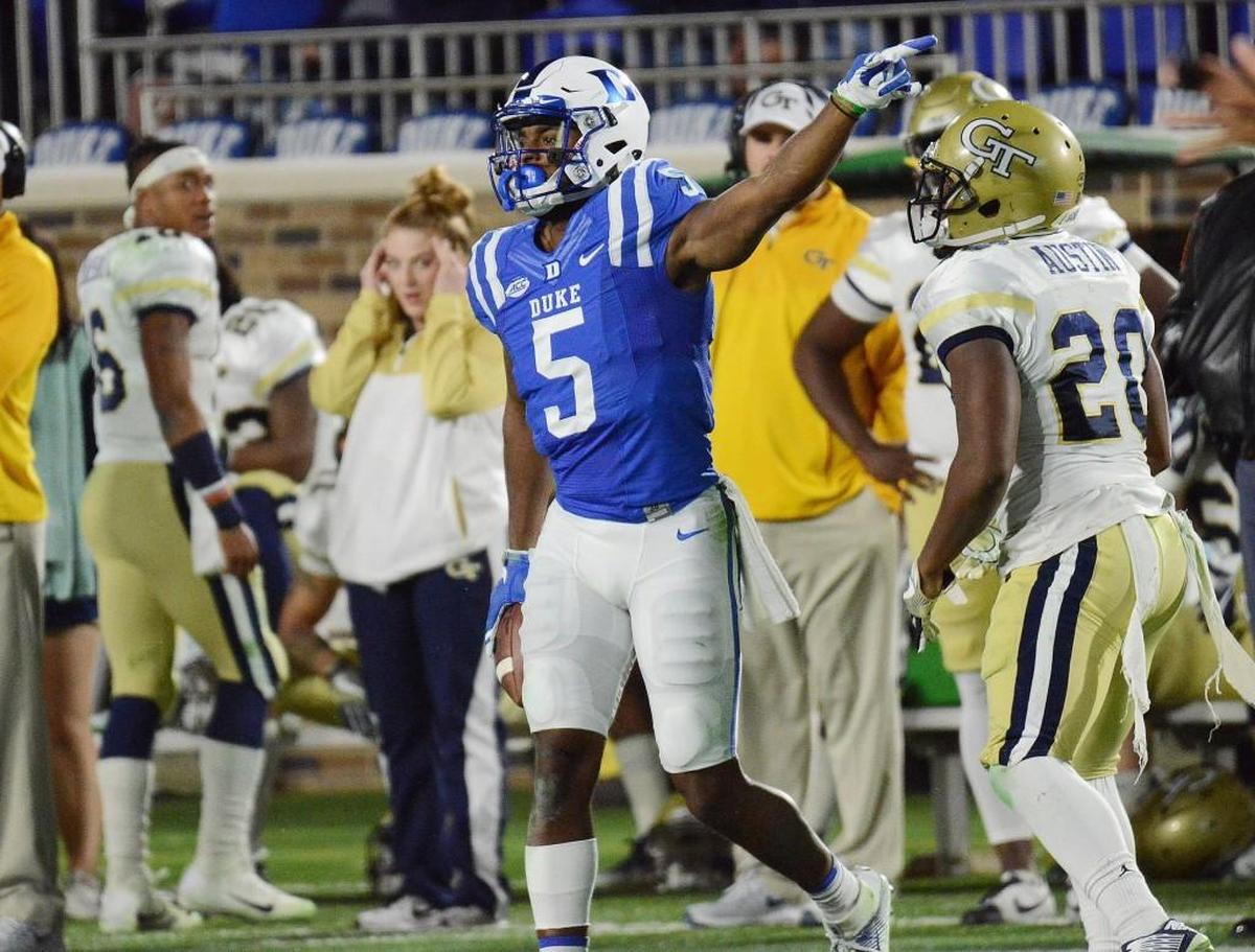 Duke's Johnathan Lloyd reacts to a first down against Georgia Tech , Saturday, November 18, 2017, in Durham.