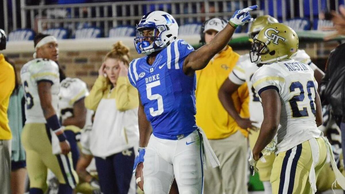Duke's Johnathan Lloyd reacts to a first down against Georgia Tech , Saturday, November 18, 2017, in Durham.