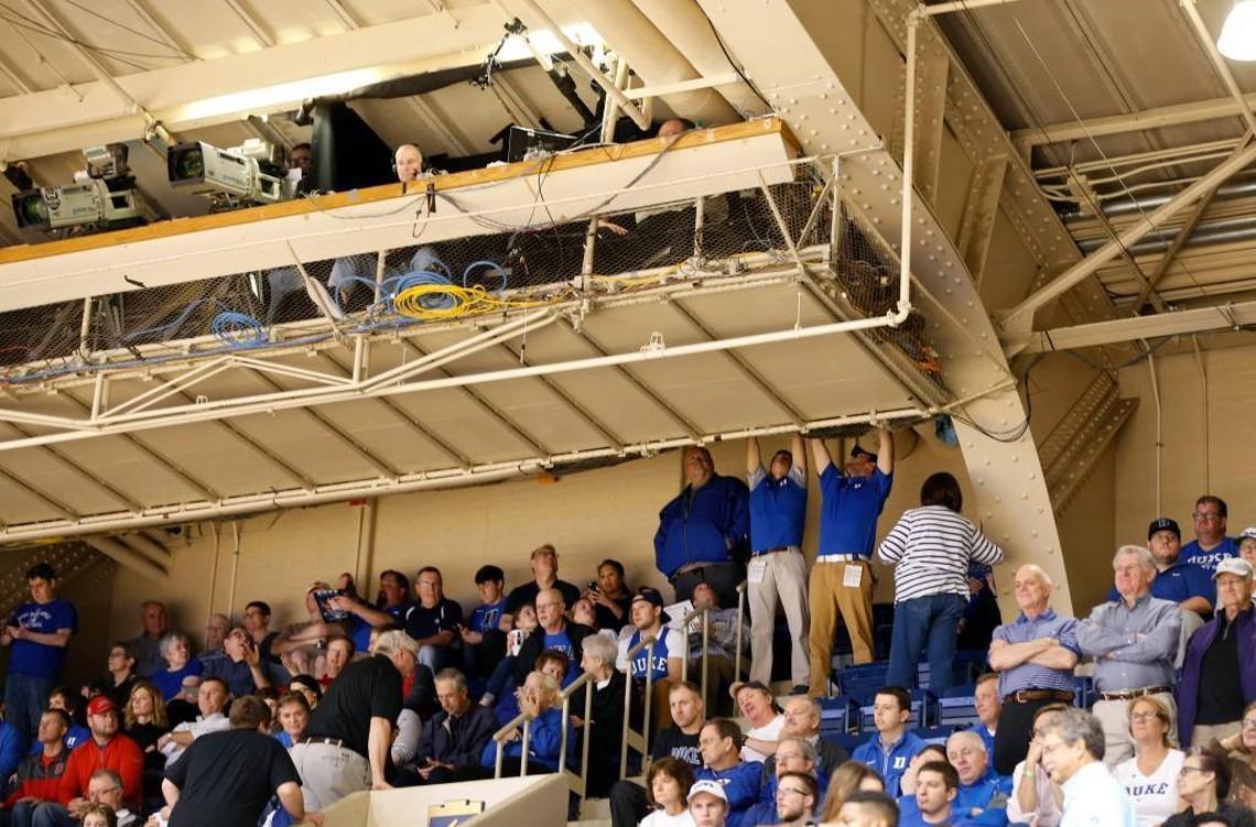 A ladder is raised into the crow’s nest at Cameron Indoor Stadium before N.C. State's game against Duke on Jan. 23.