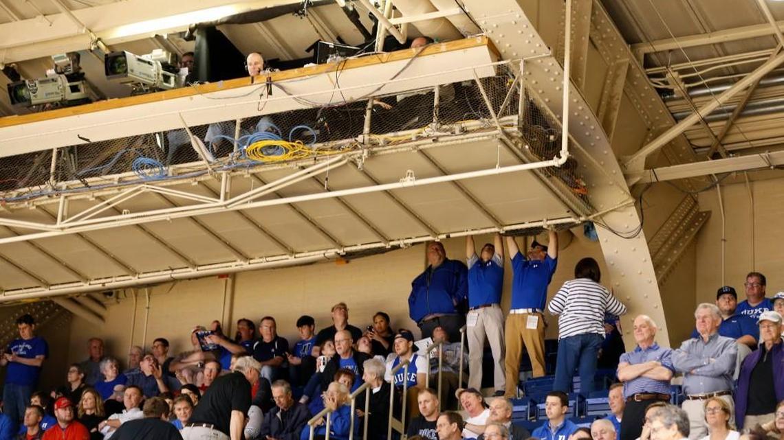 A ladder is raised into the crow’s nest at Cameron Indoor Stadium before N.C. State's game against Duke on Jan. 23.