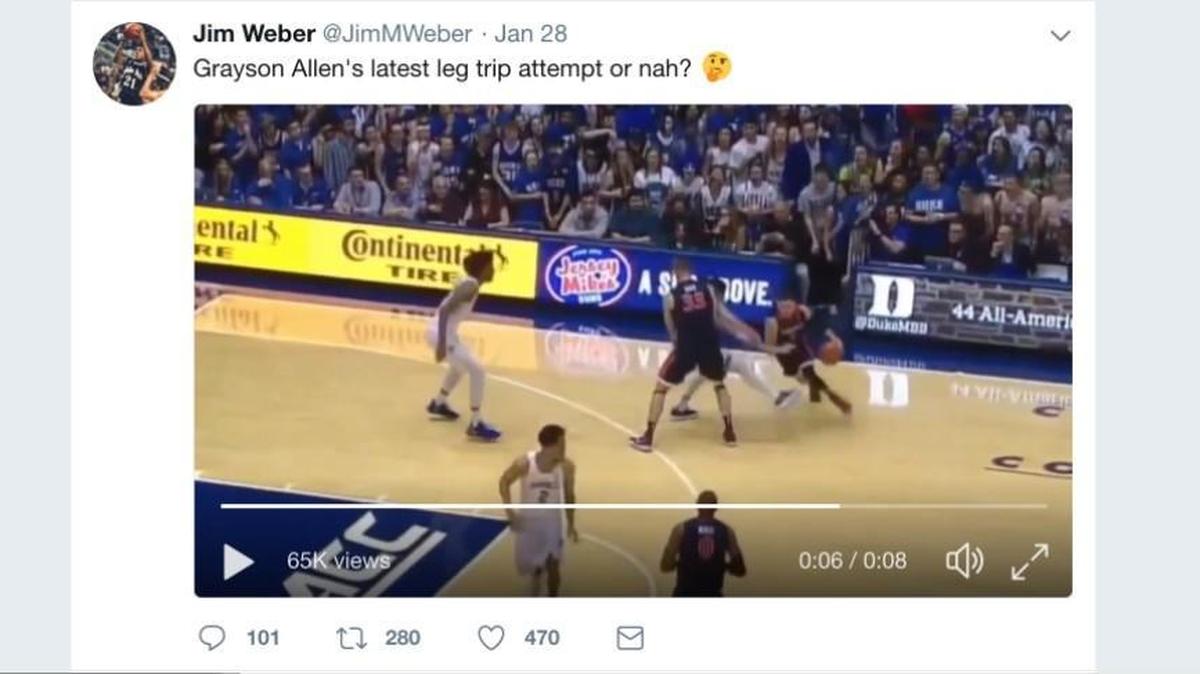A video clip circulating on Twitter has some debating on social media about whether Duke senior guard Grayson Allen tried to trip Virginia’s Kyle Guy during the Cavaliers 65-63 win over the Blue Devils on Saturday.