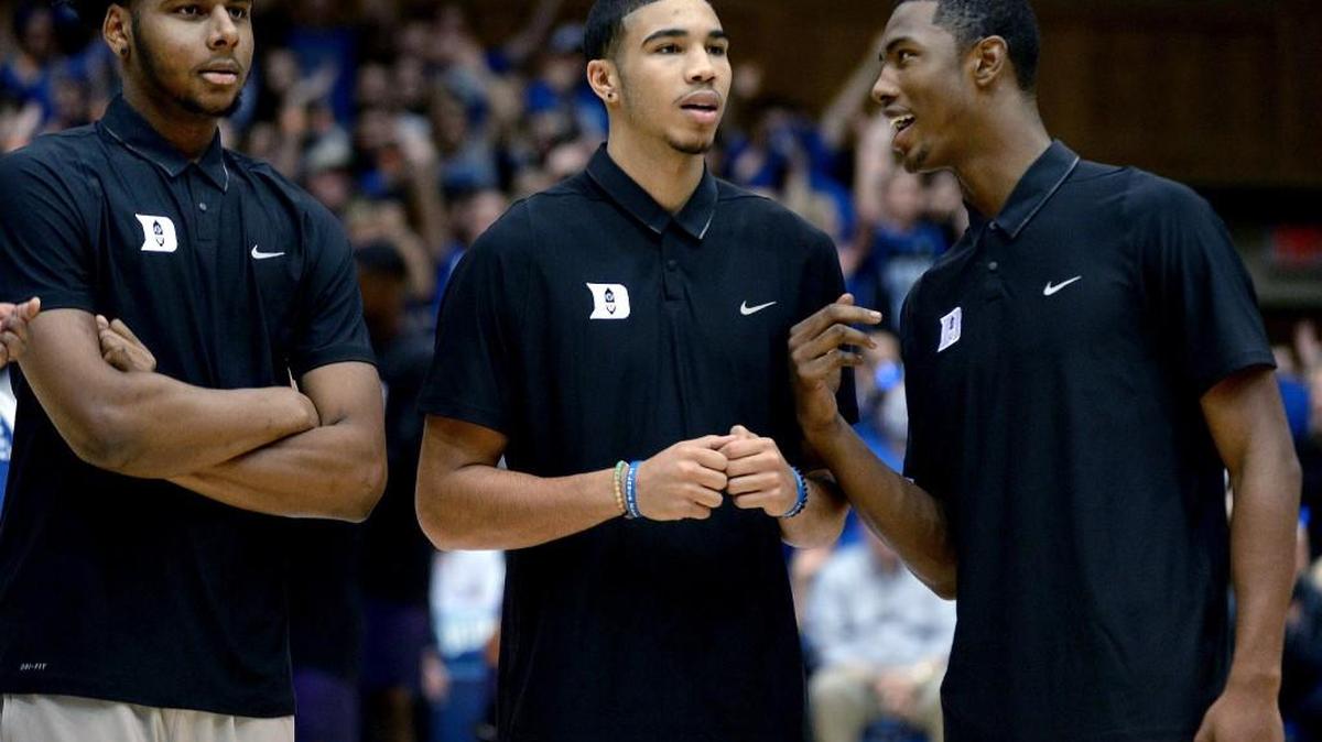 From left, Duke’s Marques Bolden, Jason Tatum and Harry Giles watch as the team warms up before the Blue Devils played Grand Canyon University at Cameron Indoor Stadium in Durham, N.C. Saturday, Nov. 12, 2016.