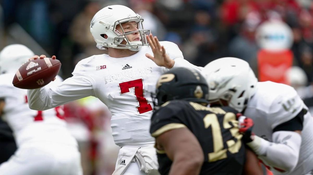 Nate Sudfeld #7 of the Indiana Hoosiers drops back to pass against the Purdue Boilermakers at Ross-Ade Stadium on November 28, 2015 in West Lafayette, Indiana. Indiana defeated Purdue 54-36.