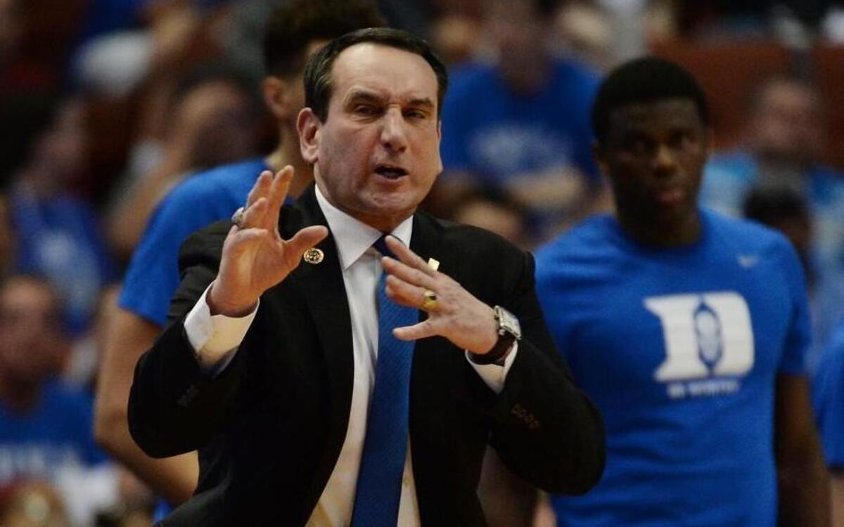 Duke head coach Mike Krzyzewski coaches his team in the NCAA tournament.