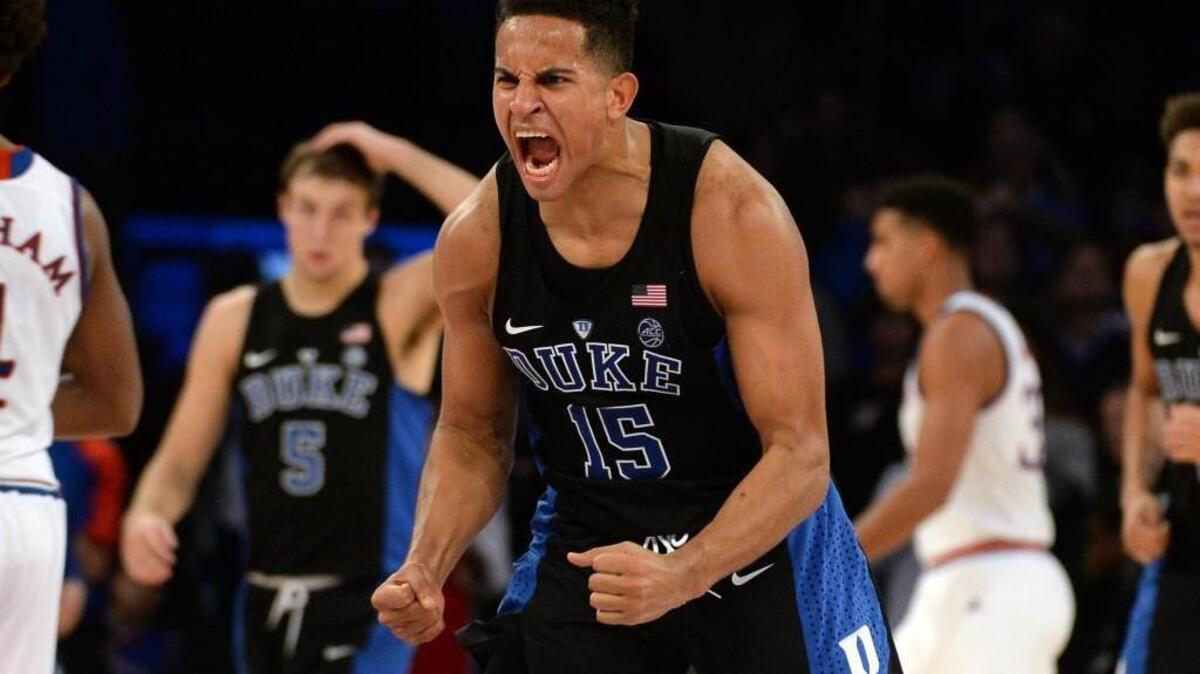 Duke guard Frank Jackson reacts after tying the score in the closing seconds of the Blue Devils’ 77-75 loss to Kansas on Tuesday.