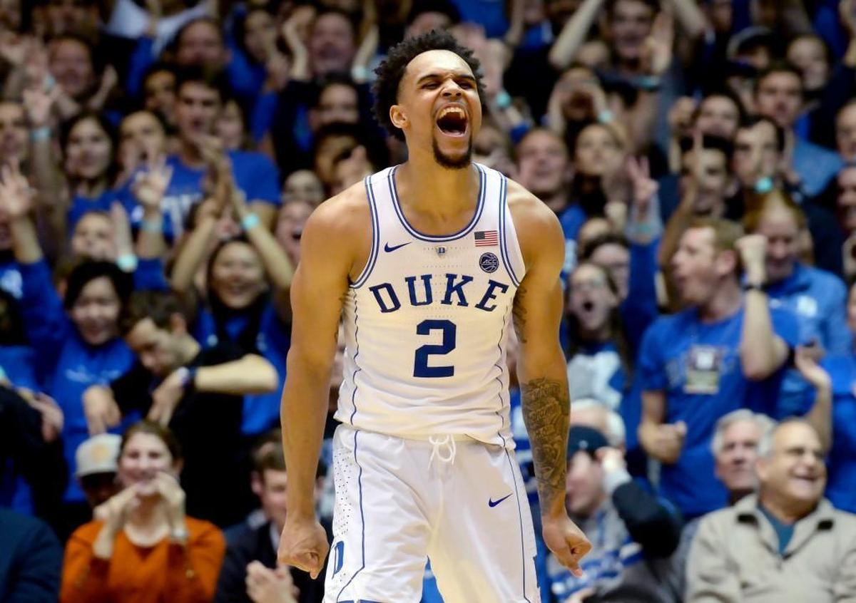 Duke guard Gary Trent Jr (2) reacts after hitting a three pointer in the second half of play. Trent scored 22 points in the win. Duke beat Notre Dame 88-66 at Cameron Indoor Stadium In Durham, N.C., Monday, Jan. 29, 2018.