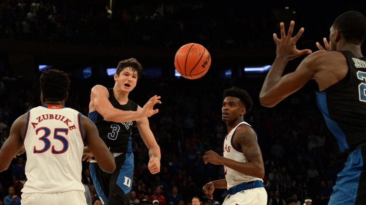 Duke guard Grayson Allen (3) passes the ball to forward Amile Jefferson (21) in the Blue Devil’s 77-75 loss to Kansas on Nov. 15.