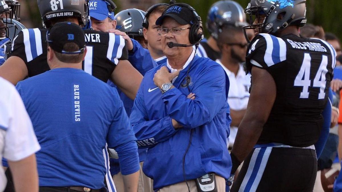 Duke head coach David Cutcliffe walks the sidelines atter a Blue Devil field goal attempt is blocked and returned for a touchdown by Virginia Tech last season.