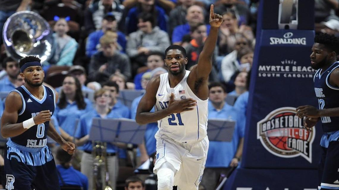 Duke's Amile Jefferson reacts after making a basket in the first half against Rhode Island.