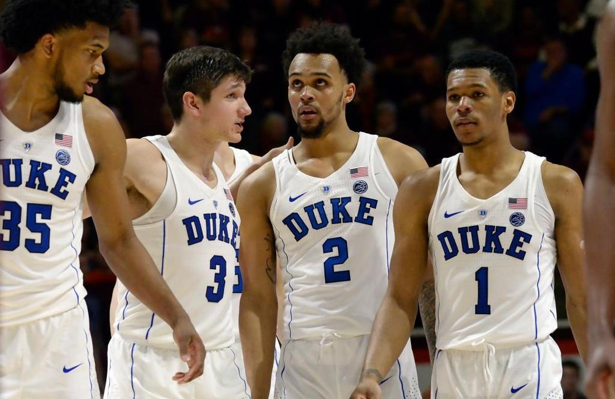 Duke’s Grayson Allen, second from left, encourages, left to right, Marvin Bagley III, Gary Trent Jr. and Trevon Duval during the Blue Devils' 64-63 loss at Virginia Tech on Feb. 26. Bagley, Trent and Duval are part of the No. 1 recruiting class in the nation.