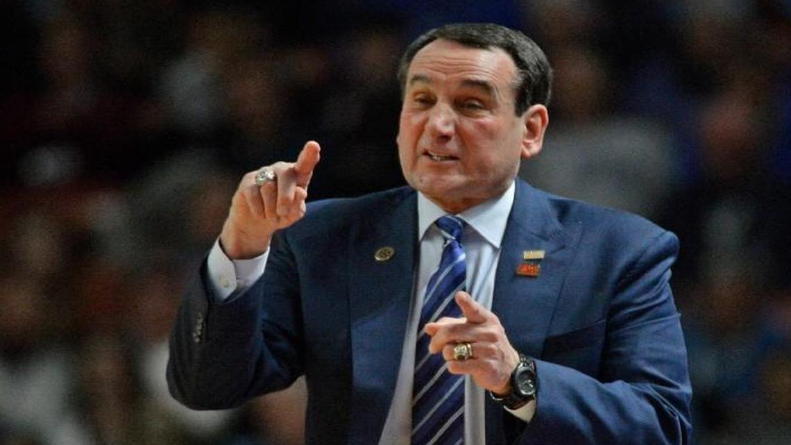 Duke basketball coach Mike Krzyzewski directs his team as they play Troy in the NCAA tournament in March.