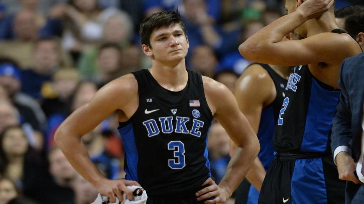 Duke guard Grayson Allen (3) watches as game officials review a foul called against him on Dec. 21 against Elon. Allen was accessed a technical for tripping a player in the first half.