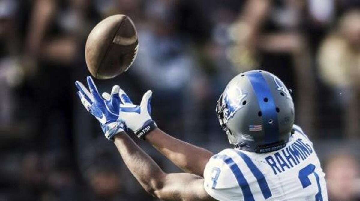Duke wide receiver T.J. Rahming (3) makes a reception in the second quarter of an NCAA football game against Wake Forest on Saturday, Nov. 25, 2017, at BB&T Field in Winston-Salem, N.C. (Allison Lee Isley/The Winston-Salem Journal via AP)