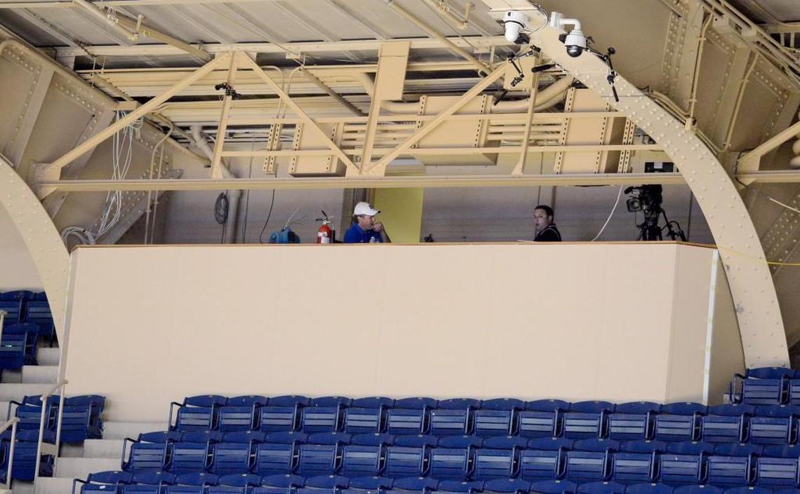 Cameron Indoor Stadium without its iconic crow's nest which has been removed and replaced by a temporary platform.