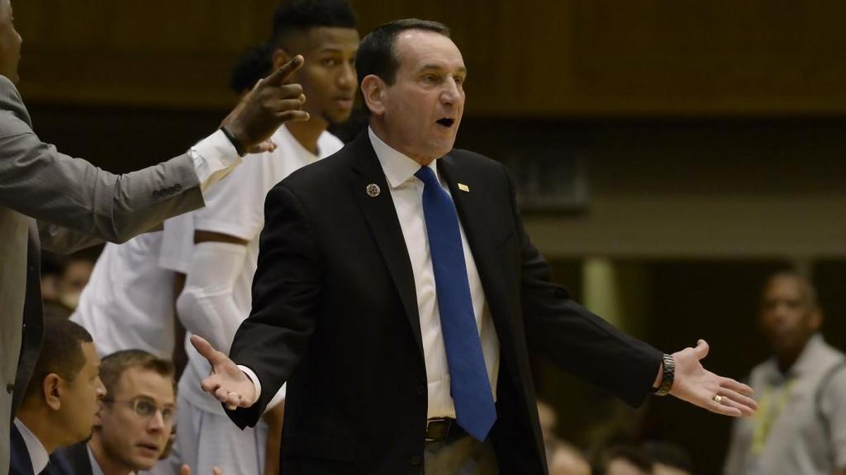 Duke's Mike Krzyzewski responds to a game official during a recent game at at Cameron Indoor Stadium In Durham.
