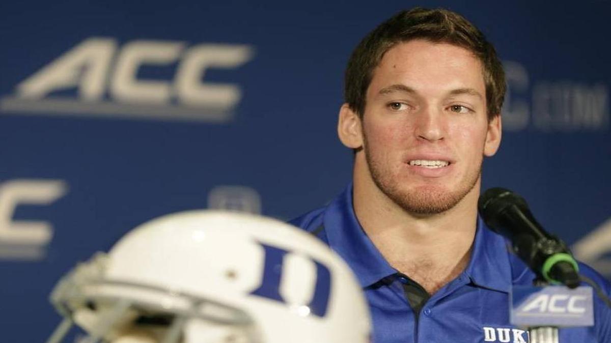 
Duke's Kelby Brown answers a question during a news conference at the ACC Football kickoff in Greensboro on July 20, 2014. 
