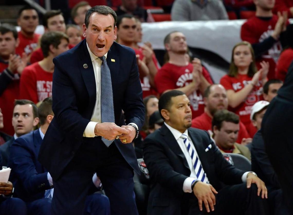 Duke head coach Mike Krzyzewski, left, is expected to return to the sideline for the Blue Devils’ game against Miami on Monday. Associate head coach Jeff Capel, right, served as head coach against Wake Forest on Saturday, when Coach K was sick.