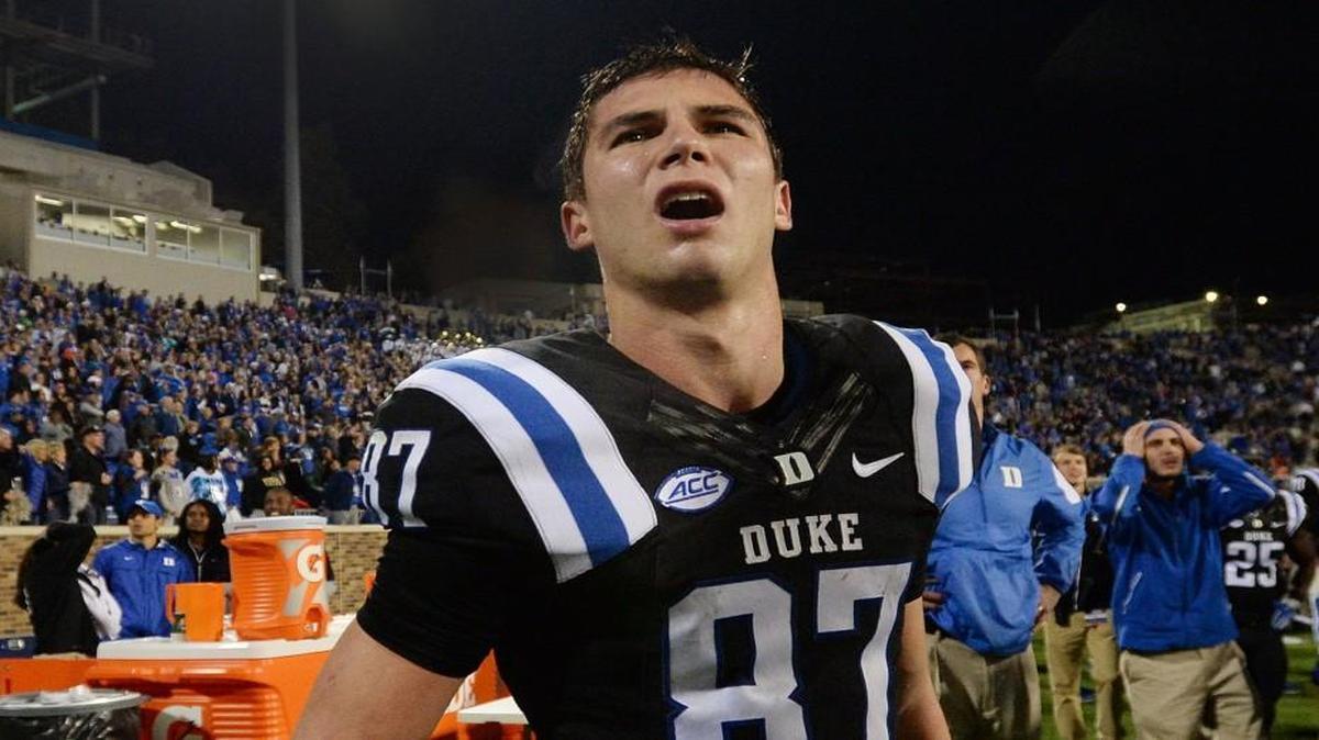 Duke wide receiver Max McCaffrey watches the Jumbotron in disbelief as Miami scores a touchdown with no time left on the clock to win the game 30-27 at Wallace Wade Stadium in Durham,.