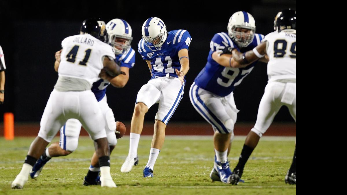 
Duke's Will Monday punts during their game against Florida International Panthers at Wallace Wade Stadium in Durham, NC on Sept. 1, 2012.
