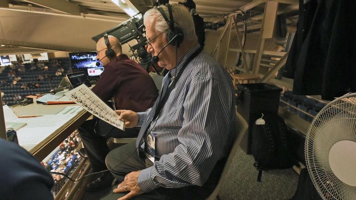 Former Duke radio announcer Bob Harris looks over the FSU roster in the crow’s nest at Cameron Indoor Stadium Feb. 28, 2017. Citing safety concerns, Duke removed the crow’s nest this summer.