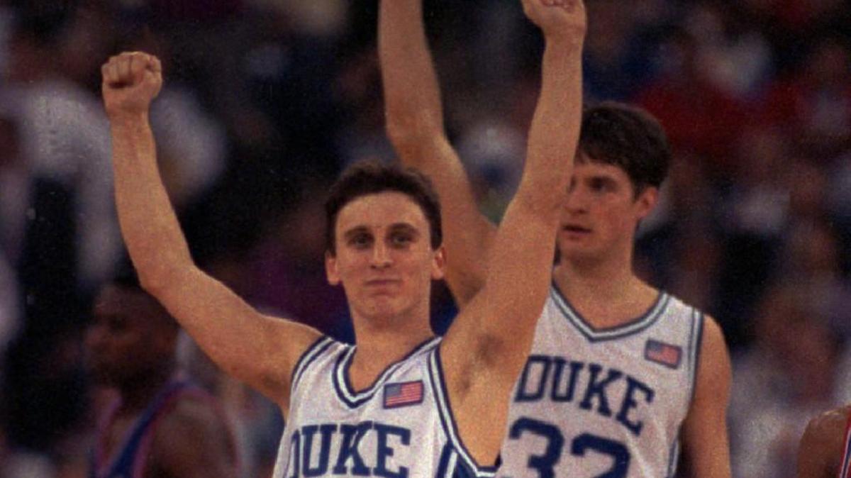 Duke's Bobby Hurley, left, celebrates with teammate Christian Laettner after the Blue Devils beat Kansas 72-65 for the NCAA championship on April 1, 1991.