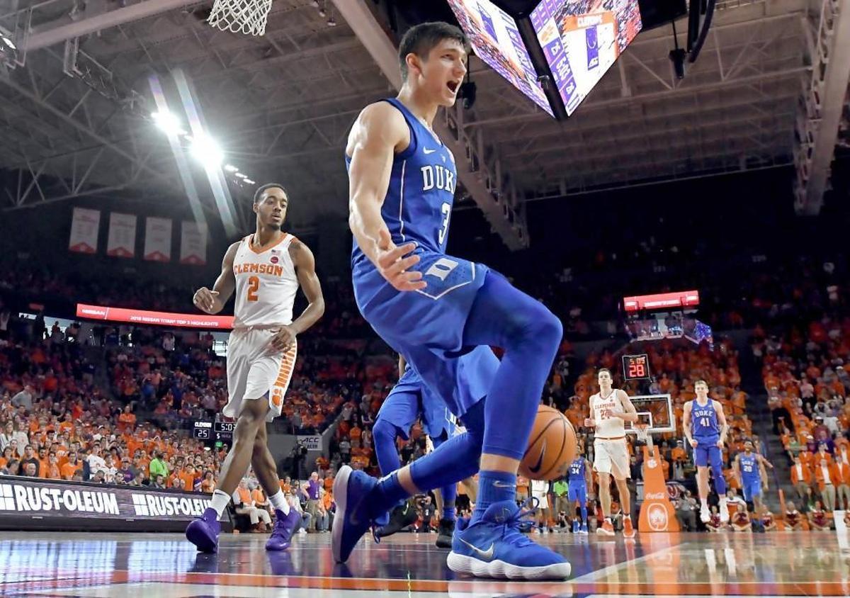 Duke Blue Devils guard Grayson Allen (3) reacts after dunking the ball over Clemson guard Marcquise Reed (2) in the first half. Allen led the Blue Devils with 19 points in the win.
