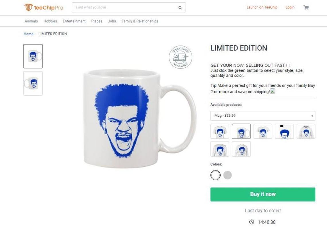 The image of Marvin Bagley III is being used on products, like this mug, offered on TeeChip Pro’s website.