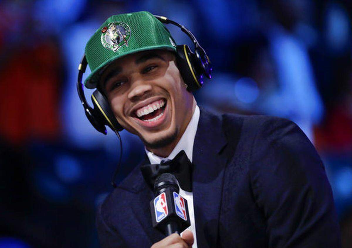 Duke's Jayson Tatum answers questions during an interview after being selected by the Boston Celtics as the third pick overall during the NBA basketball draft, Thursday, June 22, 2017, in New York.