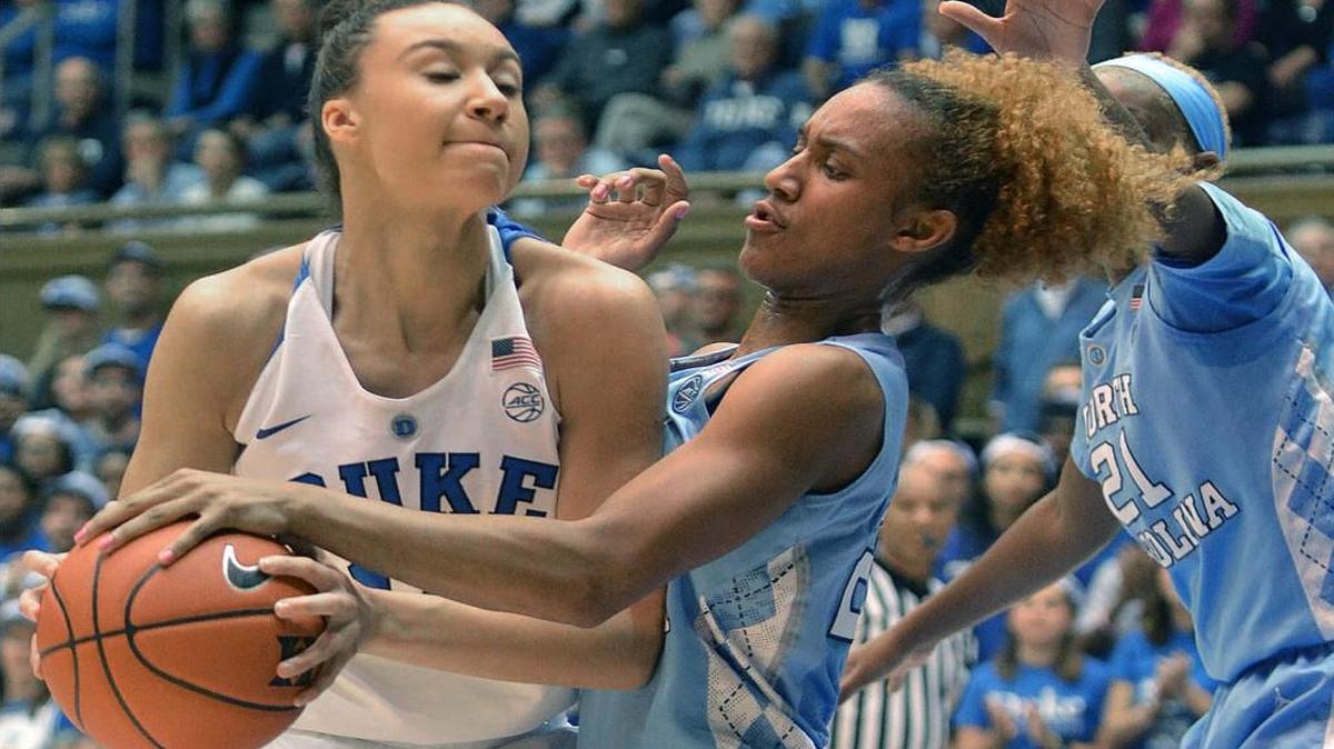 Duke's Faith Suggs tries to drive around North Carolina's Paris Kea, right, during their game Thursday, January 12, 2017, in Durham North Carolina.