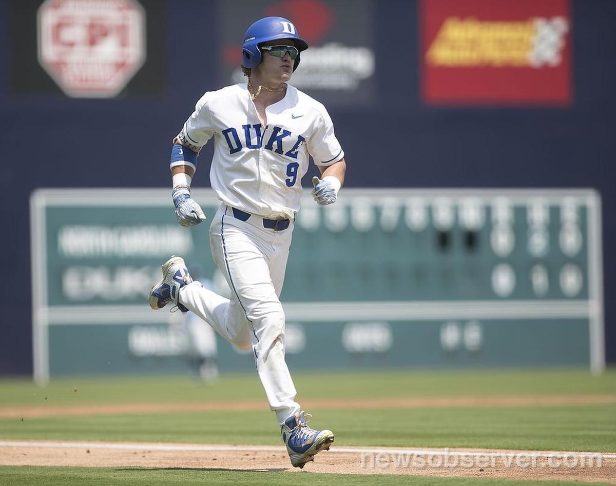 Duke’s Griffin Conine (9) sprints to home after connecting for a home run in the second inning to give Duke a 1-0 lead over North Carolina on Sunday, May 13, 2018 at Durham Bulls Athletic Park in Durham, N.C.