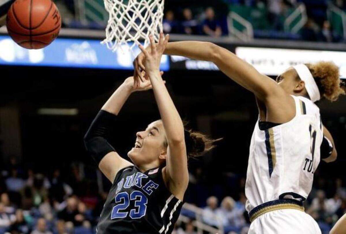 
Notre Dame's Brianna Turner (11) knocks the ball from Duke's Rebecca Greenwell (23) during the second half of an NCAA college basketball game in the semifinals of the Atlantic Coast Conference women's tournament in Greensboro, N.C., Saturday, March 7, 2015. Notre Dame won 55-49. (AP Photo/Chuck Burton)
