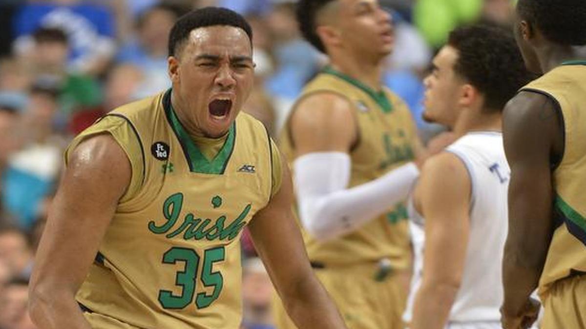 
Notre Dame’s Bonzie Colson (35) reacts after scoring against the Blue Devils in the first half in the semifinal round of the Atlantic Coast Conference basketball tournament in Greensboro.
