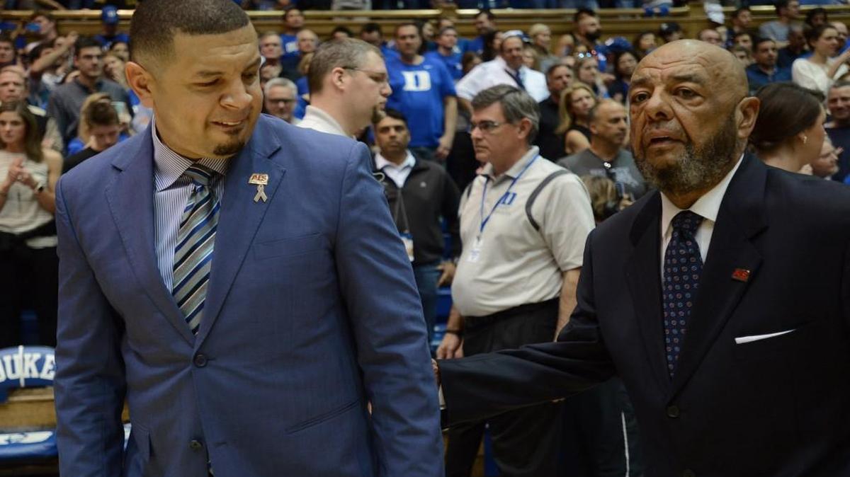 Duke's Jeff Capel III and his father Jeff Capel Jr. leave the court after the game against Wake Forest.