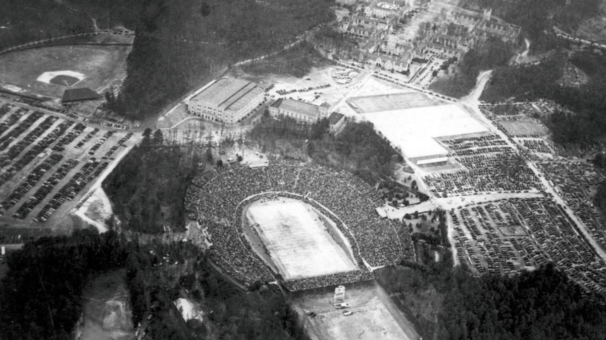 Aerial shot of the 1942 Rose Bowl game played at Wallace Wade Stadium. Above Wallace Wade is Cameron Indoor Stadium, which was officially opened in 1940. At the top of the photo is the Duke Chapel.