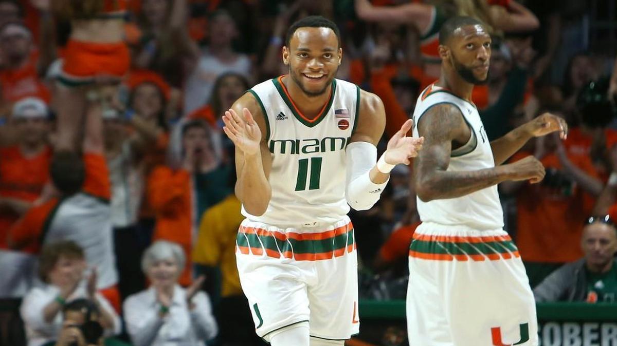 Miami's Bruce Brown reacts after a play goes against Duke during the first half at the Watsco Center in Coral Gables, Fla.
