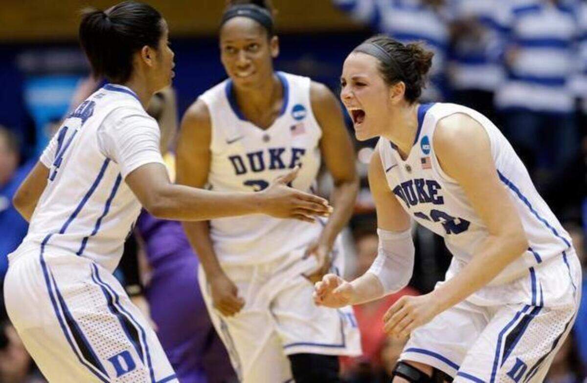 
Duke's Rebecca Greenwell, right, and Ka'lia Johnson react following Greenwell's 3-point basket to take the lead against Albany late in the second half of a women's college basketball game in the first round of the NCAA tournament in Durham, N.C., Friday, March 20, 2015. Duke won 54-52. Duke's Amber Henson looks on at rear. 
